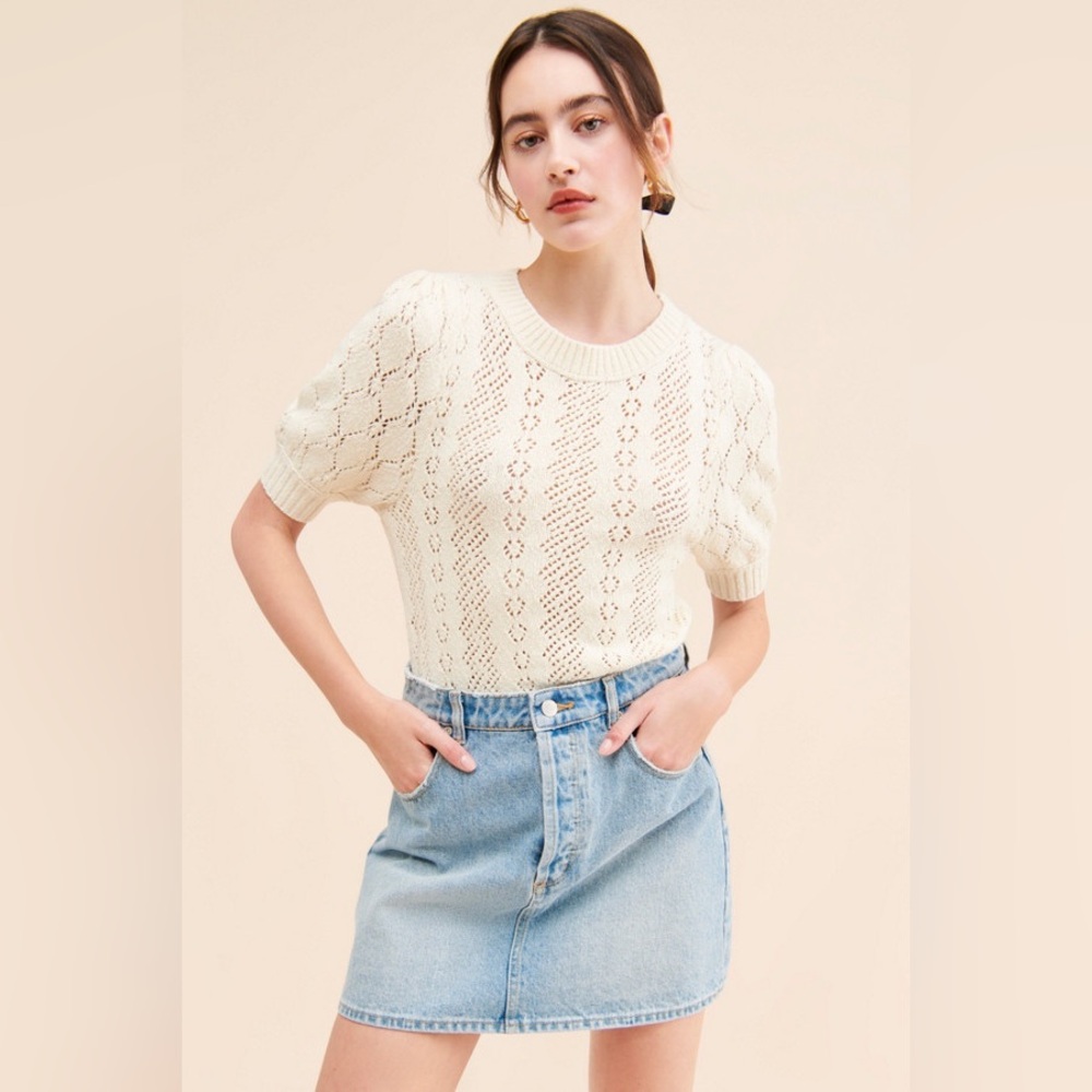 Free People Eloise Knit Puff Sleeve Pullover Top in Cream